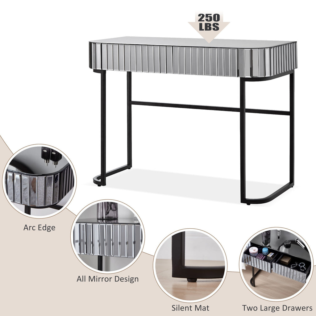 39' Mirrored Makeup Vanity Table with Stainless Steel Base, Mirrored Console Dressing Table with 2 Drawers,Versatile Desk for Bedroom and Office, Gray