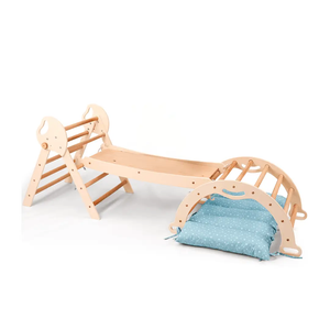 Goodevas 4in1 Montessori climbing set with Pikler triangle, arch, slide board and blue star cushion in natural wood