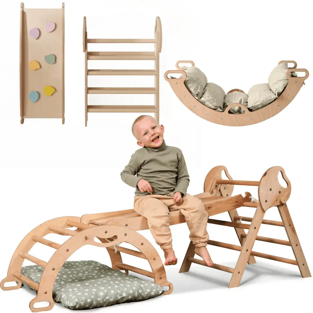 Goodevas 4in1 Montessori Climbing Set for toddlers; natural wood with star cushions, Pikler triangle, arch, and slide.