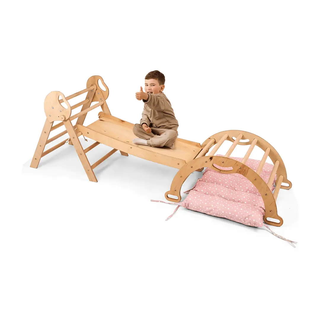 Goodevas 4in1 Montessori climbing set in natural wood with pink star cushion.