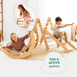 4in1 Montessori climbing set in beige wood with triangle ladder, climbing arch, slide board and cushion; kids playing.