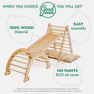 Goodevas 4in1 Montessori climbing set in beige wood with ladder, arch, slide board and cushions