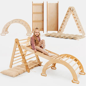 Goodevas 4in1 Montessori climbing set in natural beige wood with triangle ladder, arch, slide and cushion.
