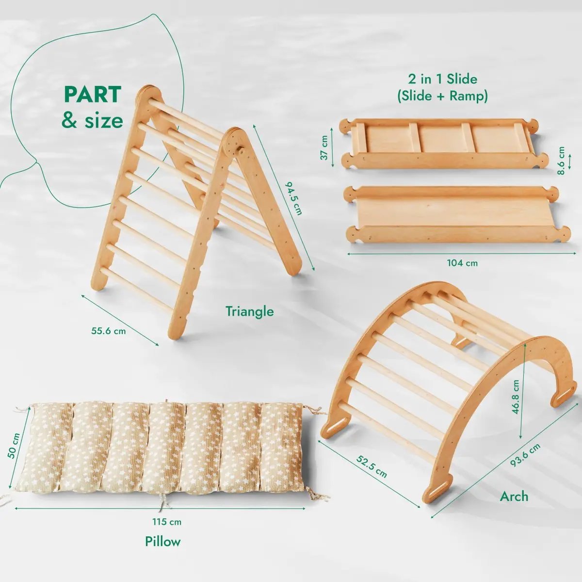 4in1 Montessori Climbing Set; beige wooden triangle ladder, climbing arch, slide board and cushion.