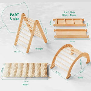 4in1 Montessori Climbing Set; beige wooden triangle ladder, climbing arch, slide board and cushion.