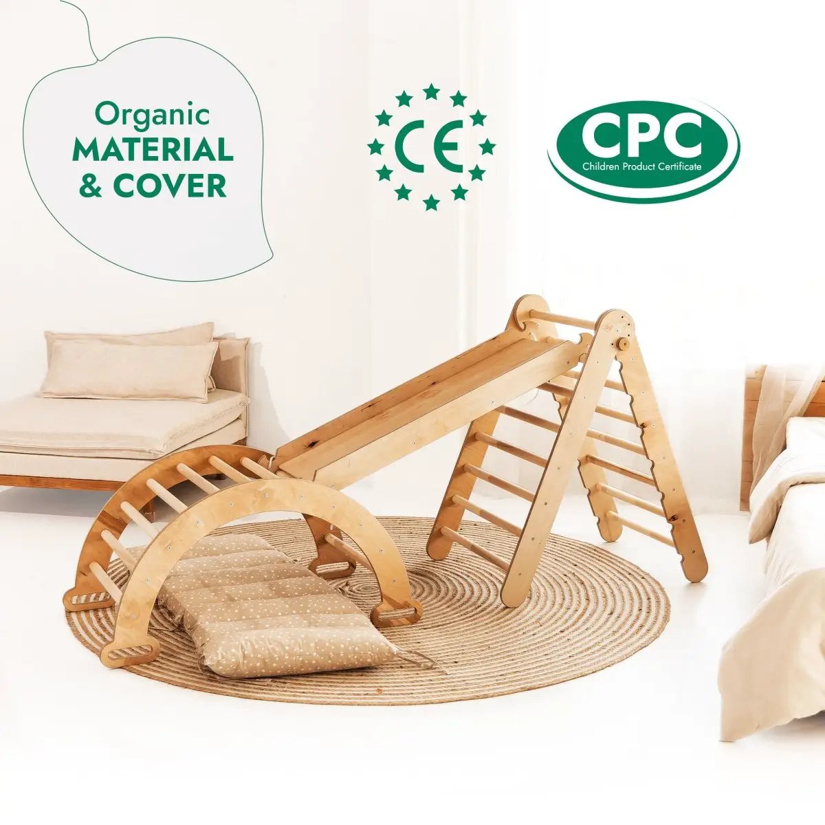 4in1 Montessori Climbing Set in beige wood with triangle ladder, climbing arch, slide board and cushion