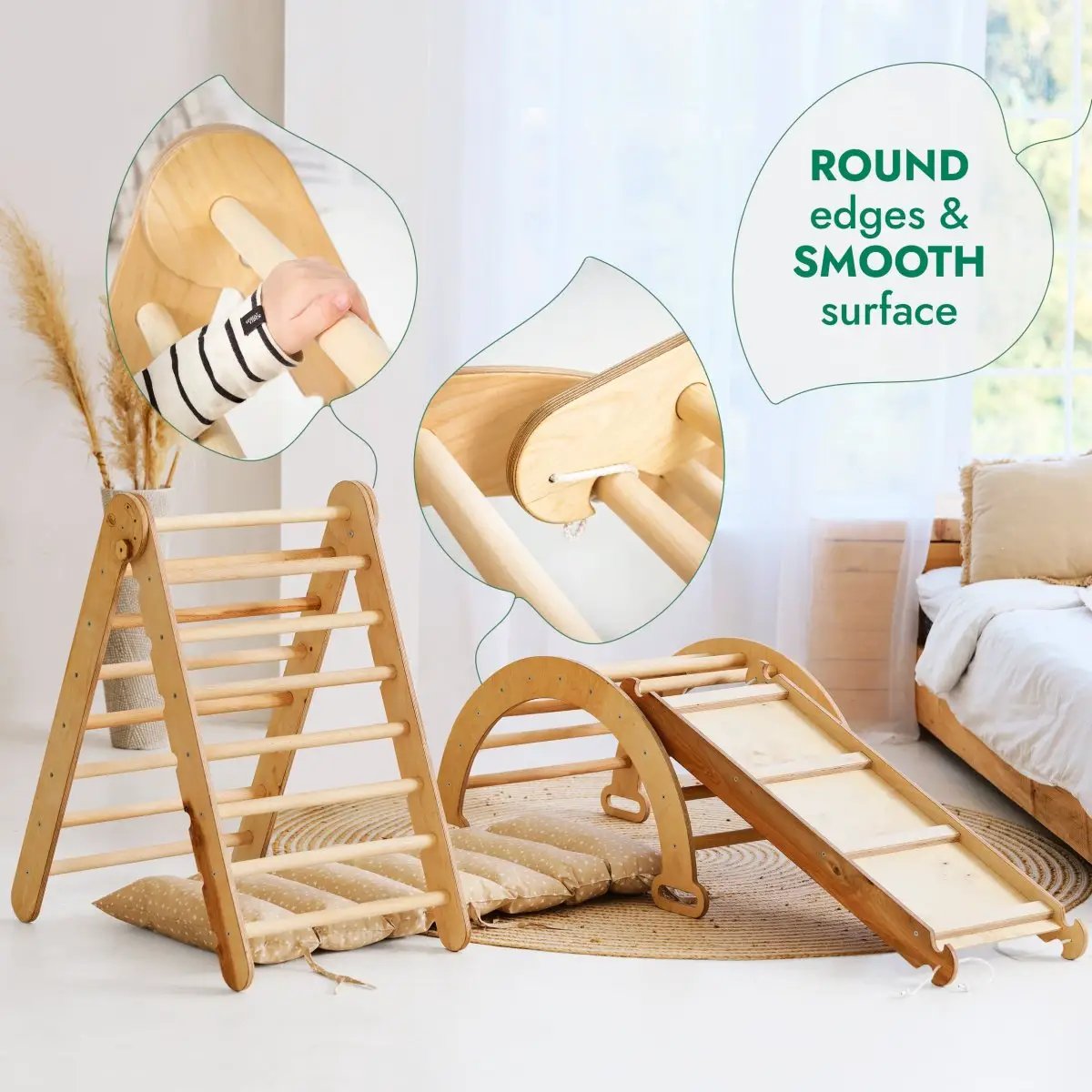 Beige wooden 4-in-1 Montessori climbing set with triangle ladder, climbing arch, slide board and cushion (4 components).