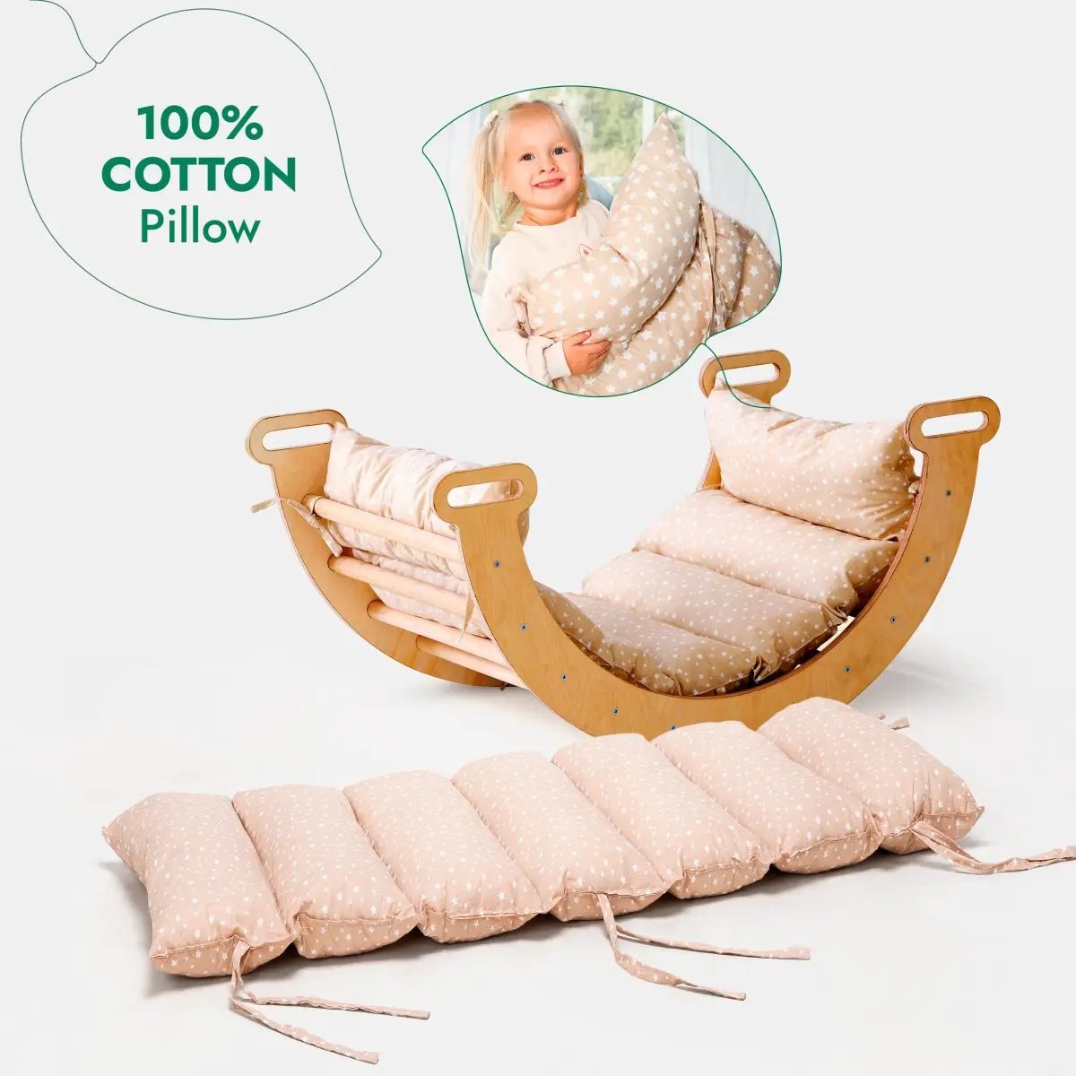 Goodevas 4in1 Montessori Climbing Set with wooden frame and beige star-pattern cushions (6-piece)