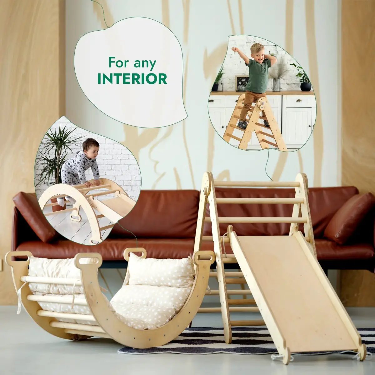 Goodevas 4in1 Montessori Climbing Set in beige wood with triangle ladder, climbing arch, slide board and cushion