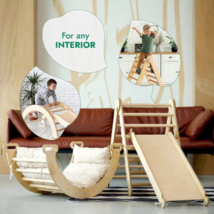 Goodevas 4in1 Montessori Climbing Set in beige wood with triangle ladder, climbing arch, slide board and cushion