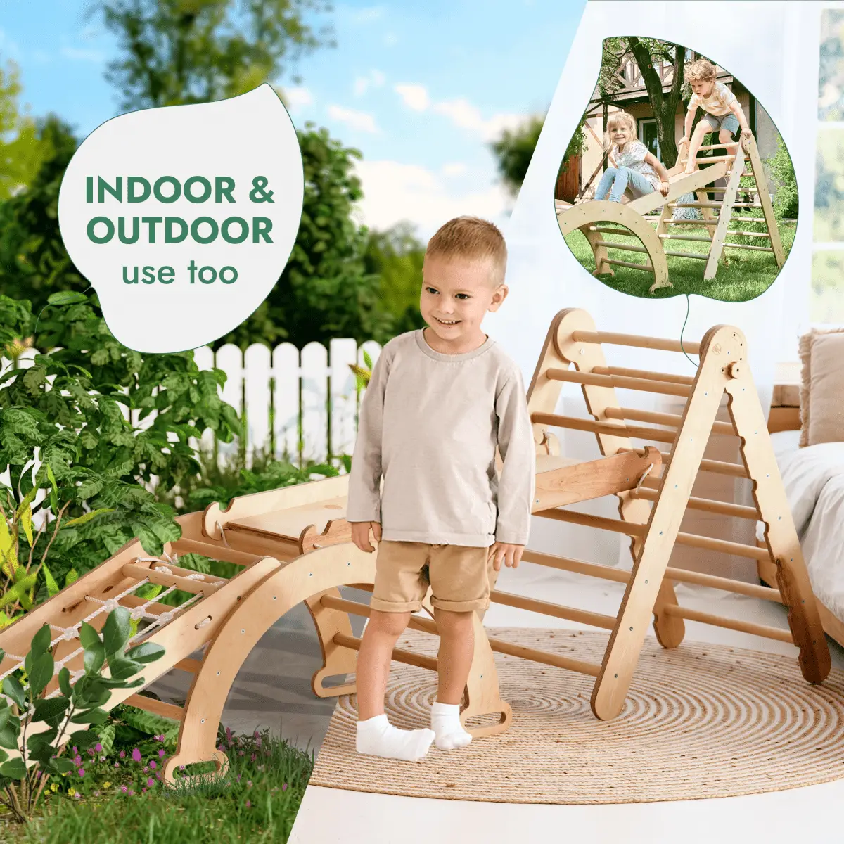 4in1 Montessori climbing set, beige wooden with triangle ladder, arch, slide and net for indoor/outdoor play