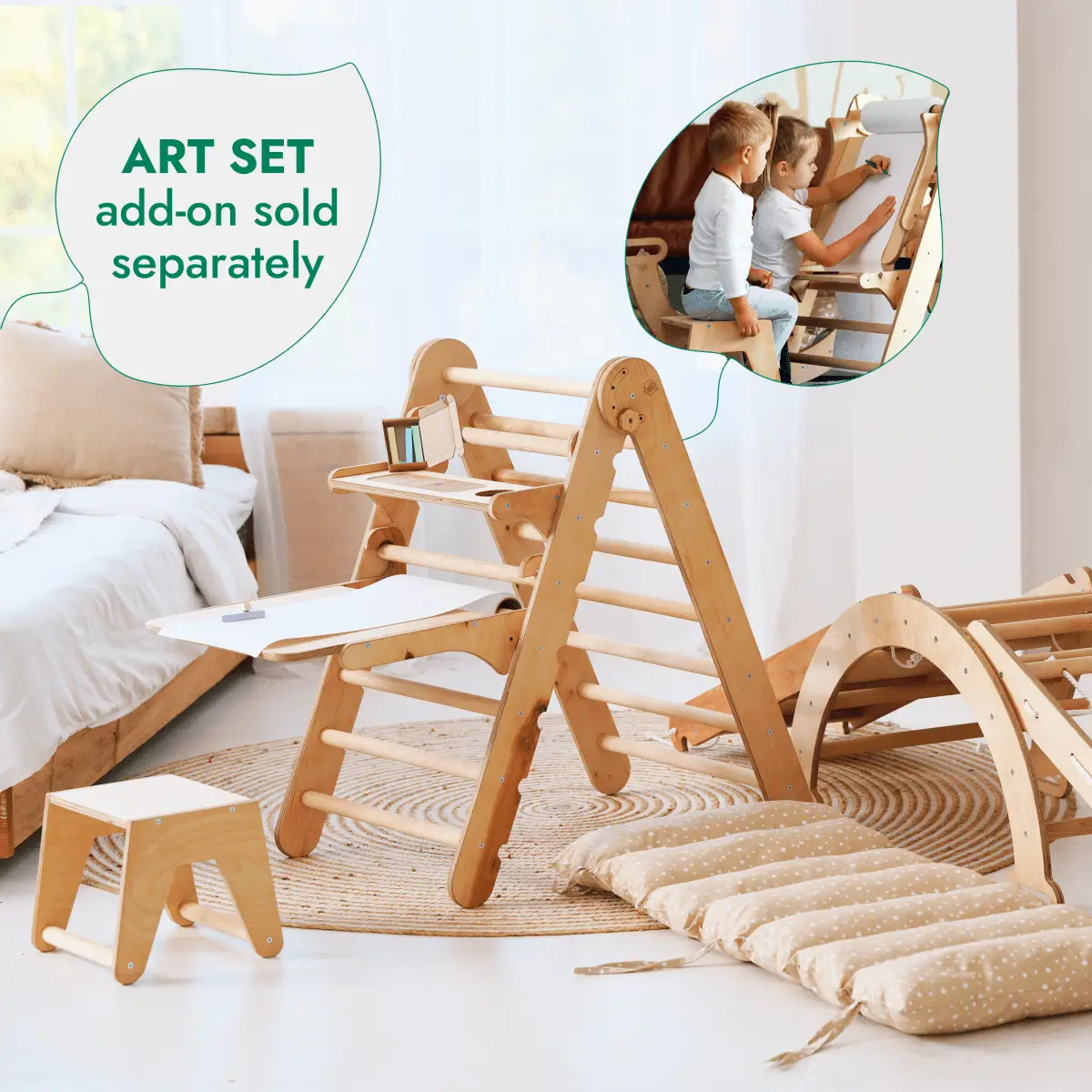 4in1 Montessori Climbing Set: Triangle Ladder, Arch, Slide Board & Net in beige wood by Goodevas