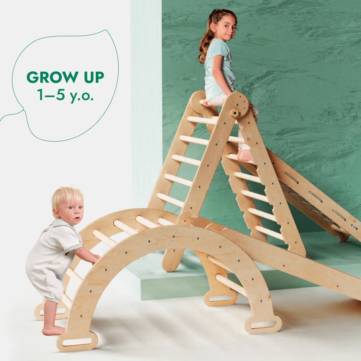 4in1 Montessori Climbing Set in beige wood with triangle ladder, arch, slide and net