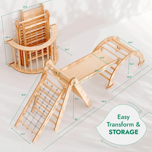 Goodevas 4in1 Montessori Climbing Set in beige wood featuring triangle ladder, arch, slide board and net