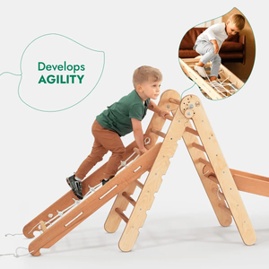 4in1 wooden Montessori climbing set in beige with triangle ladder, arch, slide board and net.