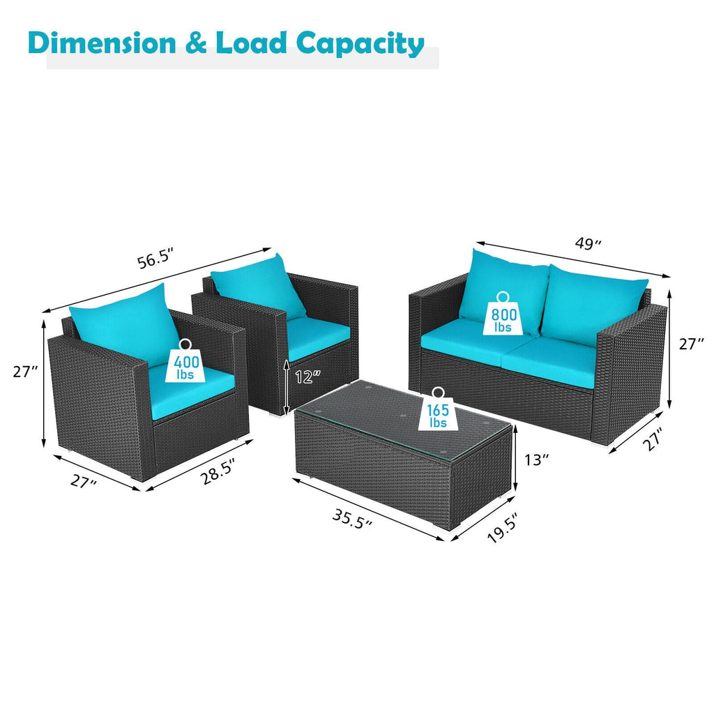 4PCS Outdoor Rattan Wicker Patio Furniture Set With Turquoise Cushions (97145368)