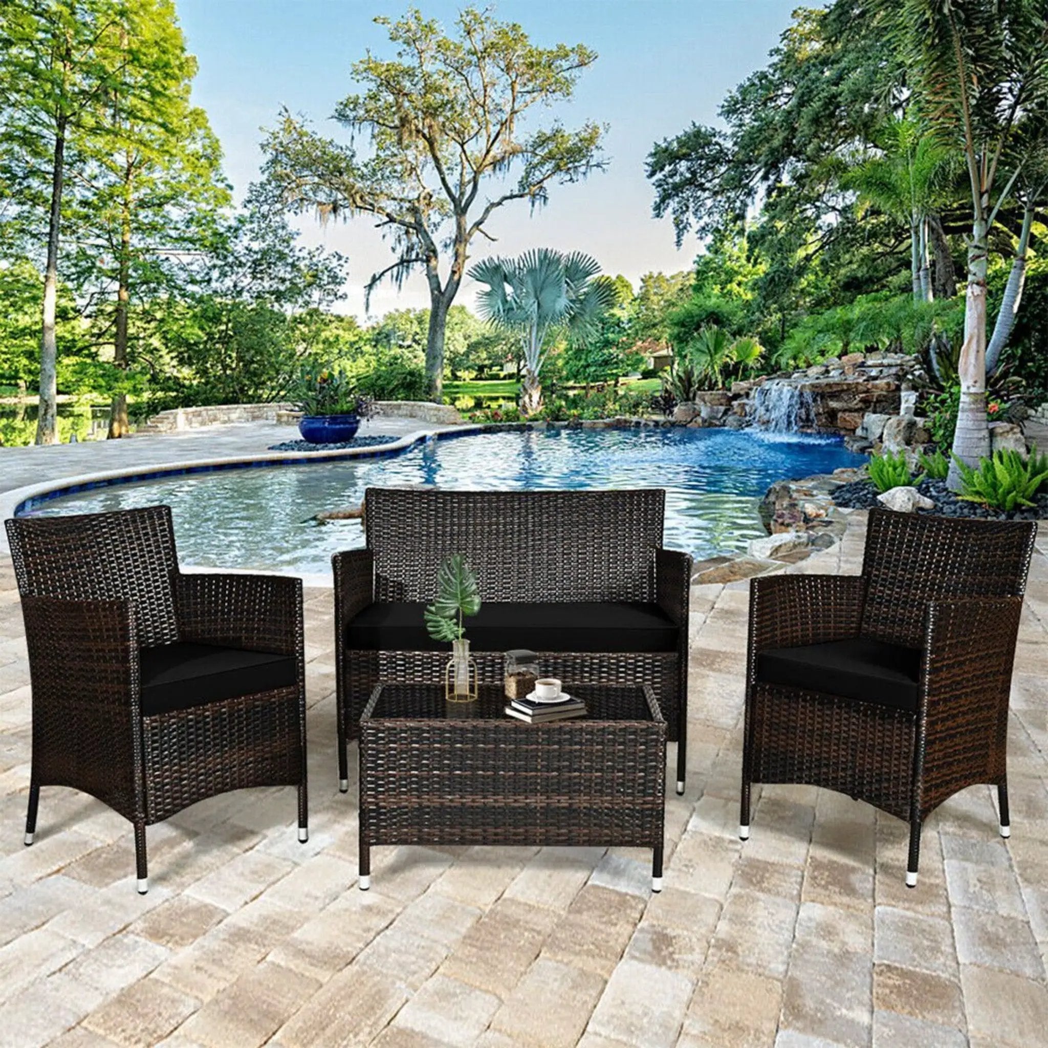 4PCS Outdoor Rattan Patio Furniture Set With Cushions & Coffee Table (SAK75463)