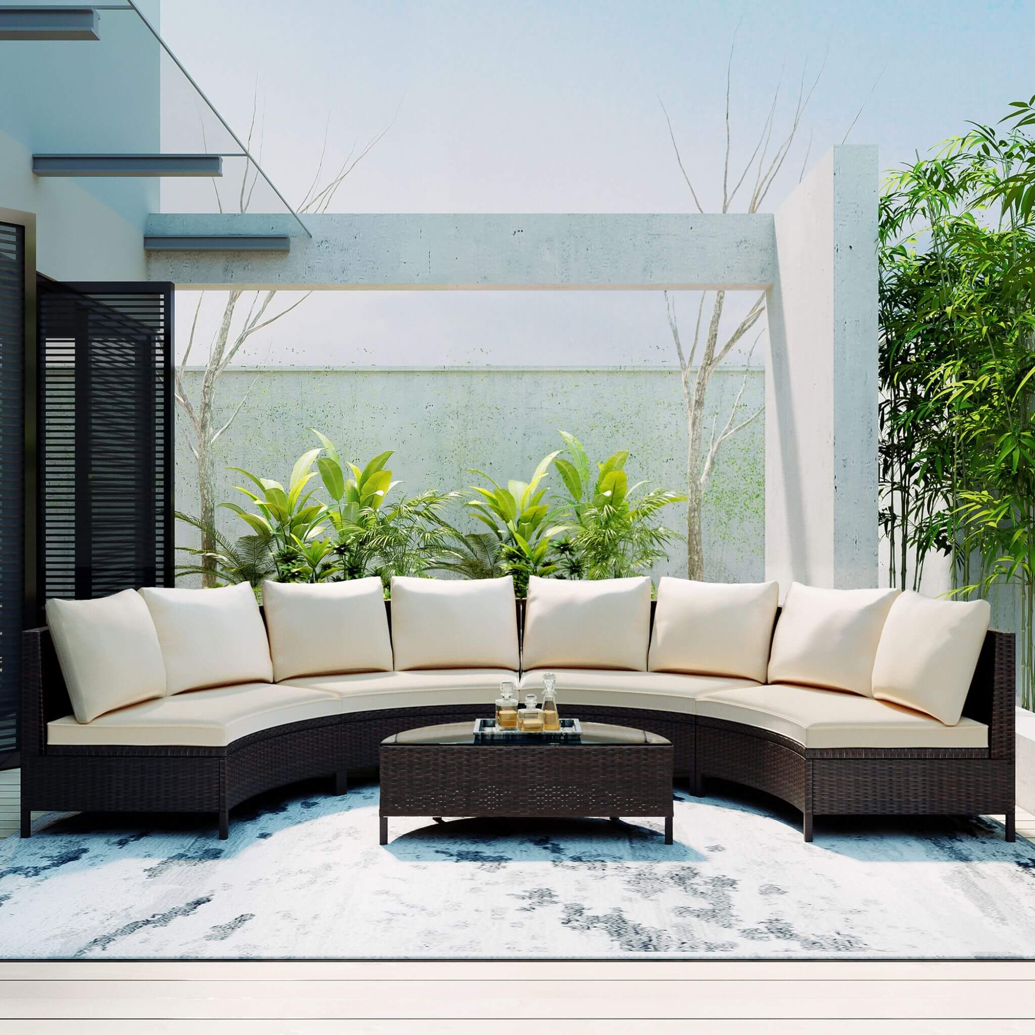 Premium 5-Piece All-Weather Half-Moon Outdoor Rattan Wicker Patio Sectional Sofa Furniture Set With Tempered Glass Table (SAK32615)
