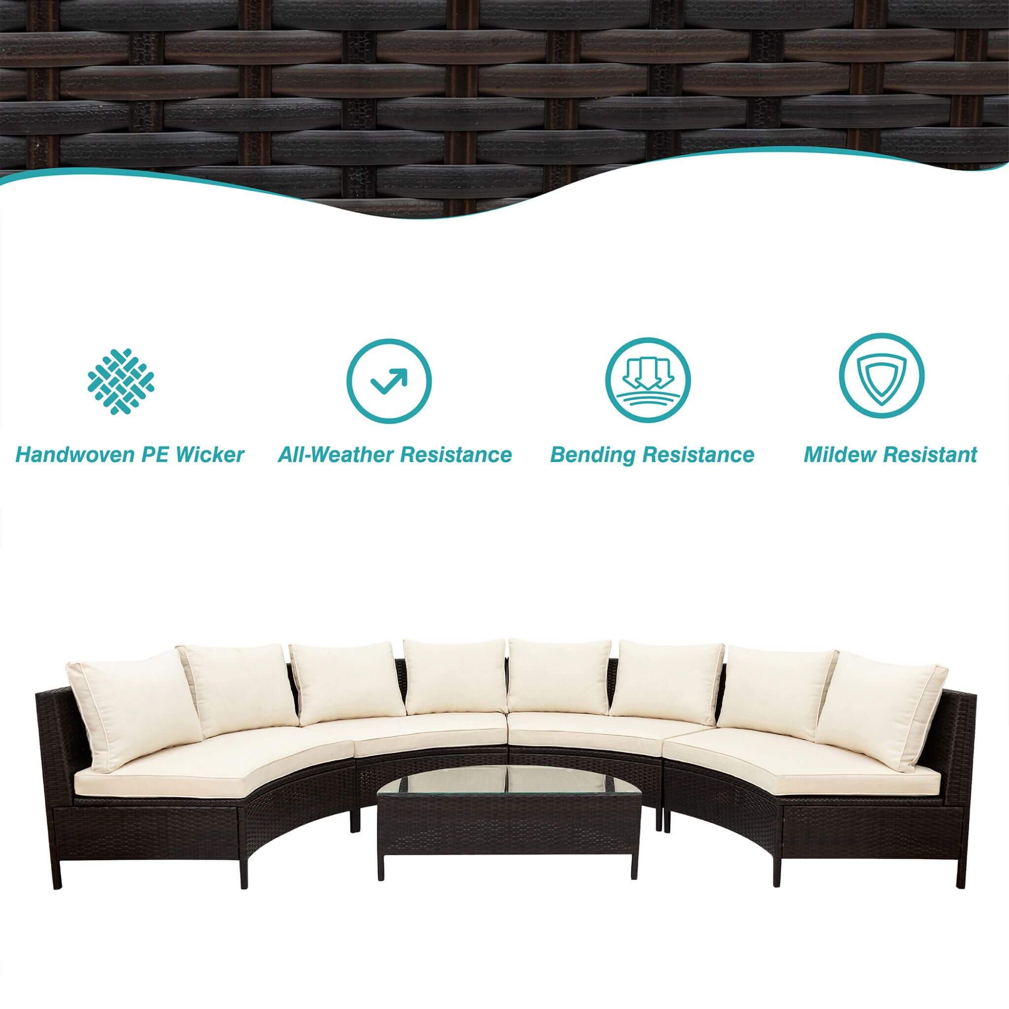 Premium 5-Piece All-Weather Half-Moon Outdoor Rattan Wicker Patio Sectional Sofa Furniture Set With Tempered Glass Table (SAK32615)