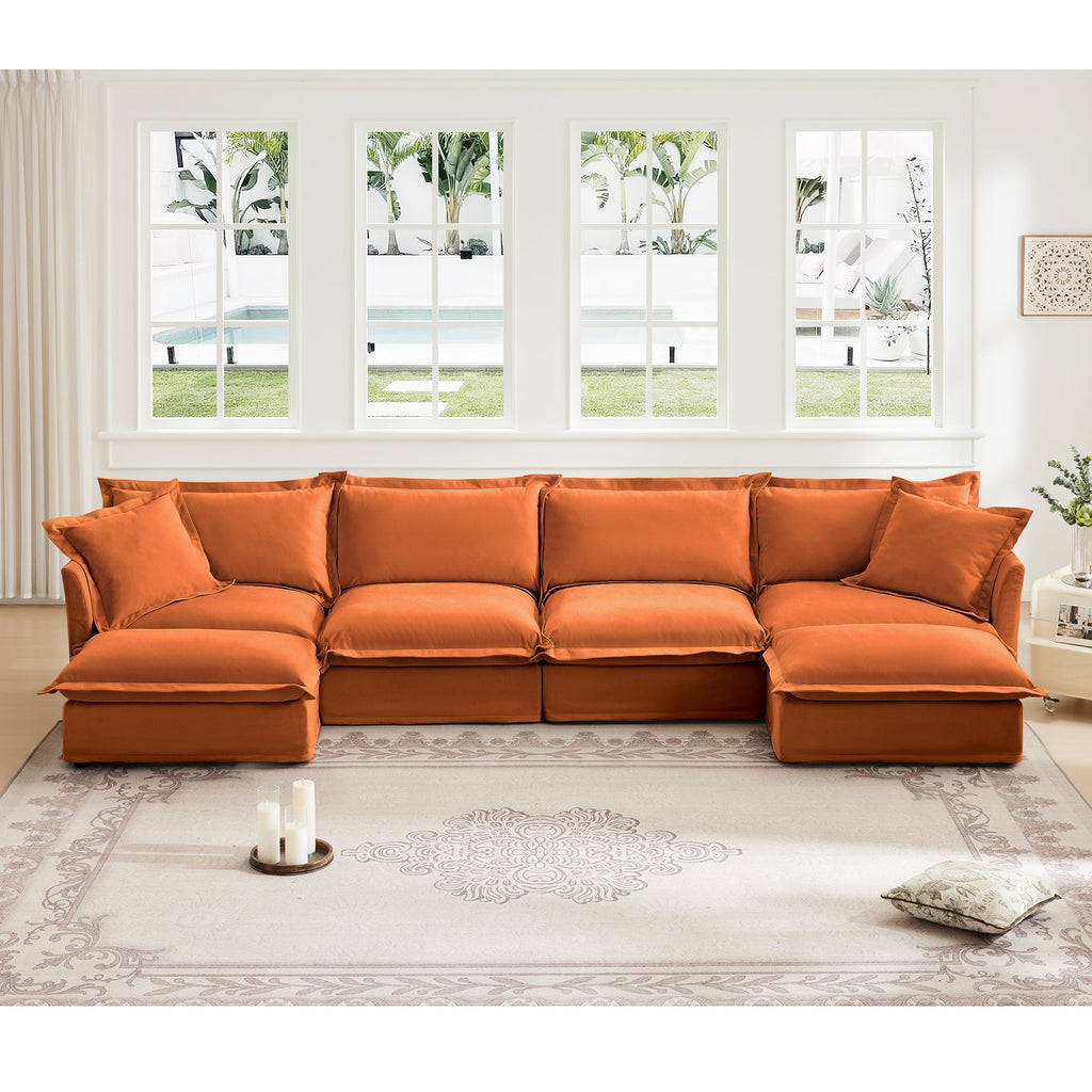 Slipcovered U Shape Sectional Wide and Deep Seat Sofa Couch, 4 Seater Sofa with French Edges Design Multiple Big Pillows, Soft Deep Seat Comfy Cloud Couch for Living Room, Apartment, Chenille Fabric