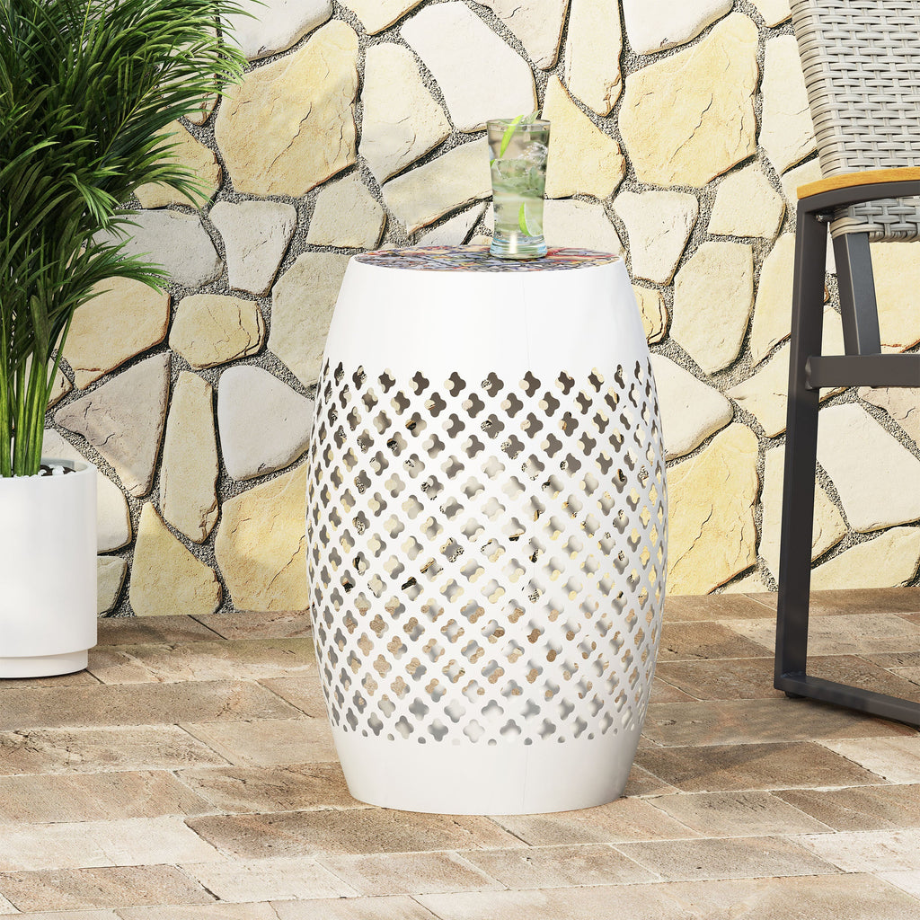 Transitional ROSWELL Side Table with Tile Mosaic Top and Lace Cut Metal Frame in White, Iron, 12.25x12.25x18 Inches