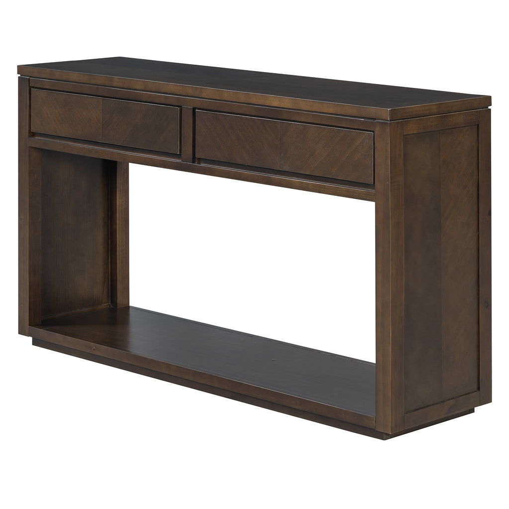 TREXM 55' Console Table, Rustic Wooden Entryway Table with Storage Drawers and Open Shelf, Elegant Sofa Table for Hallway and Living Room (Brown)