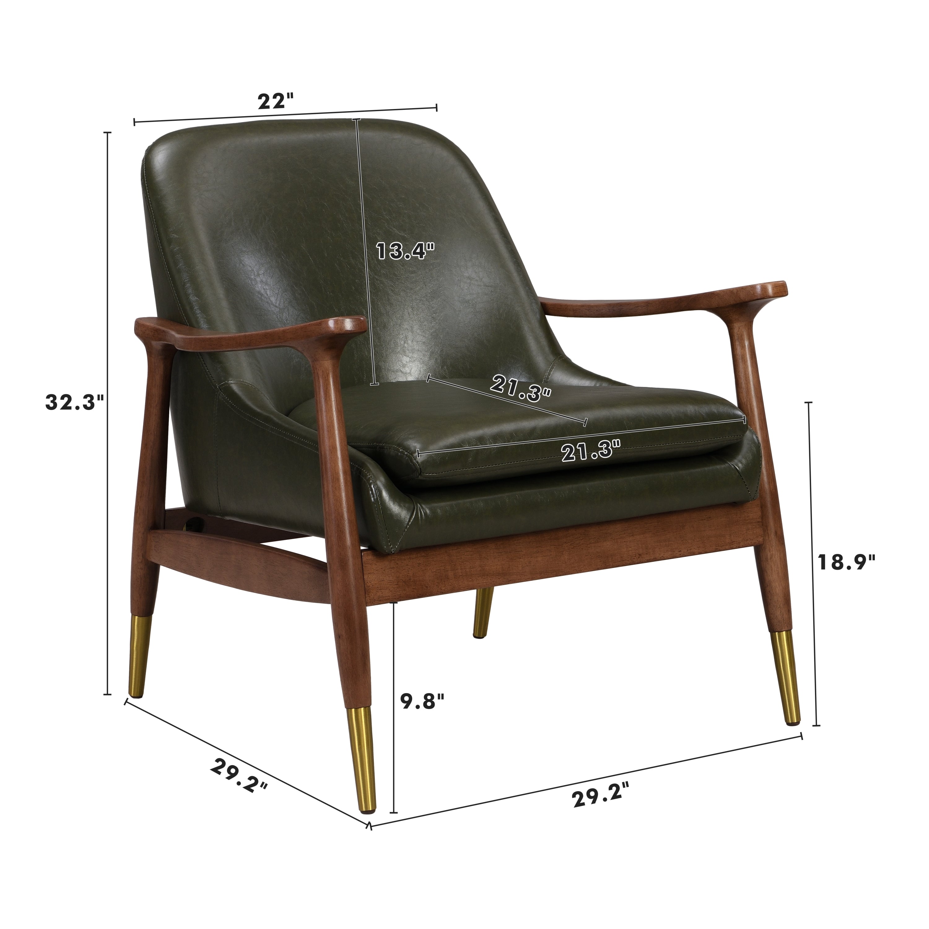 Mid-Century Faux Leather Accent Chair with Cushioned Seat, Solid Wood Frame, Brass-Tipped Legs, Cognac-Brown