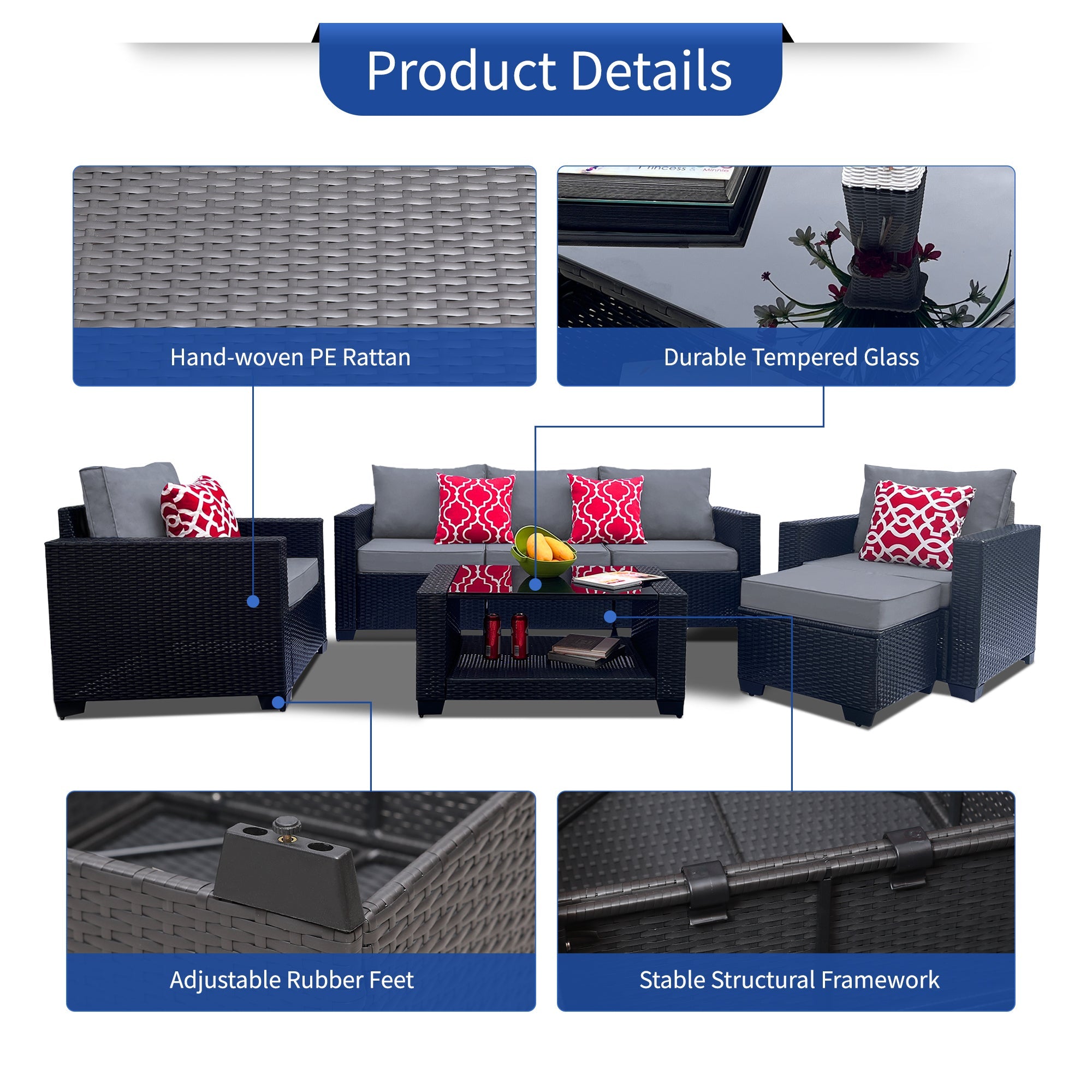 Outdoor Garden Patio Furniture 7-Piece PE Rattan Wicker Cushioned Sofa Sets  and Coffee Table, patio furniture set;outdoor couch;outdoor couch patio furniture;outdoor sofa;patio couch