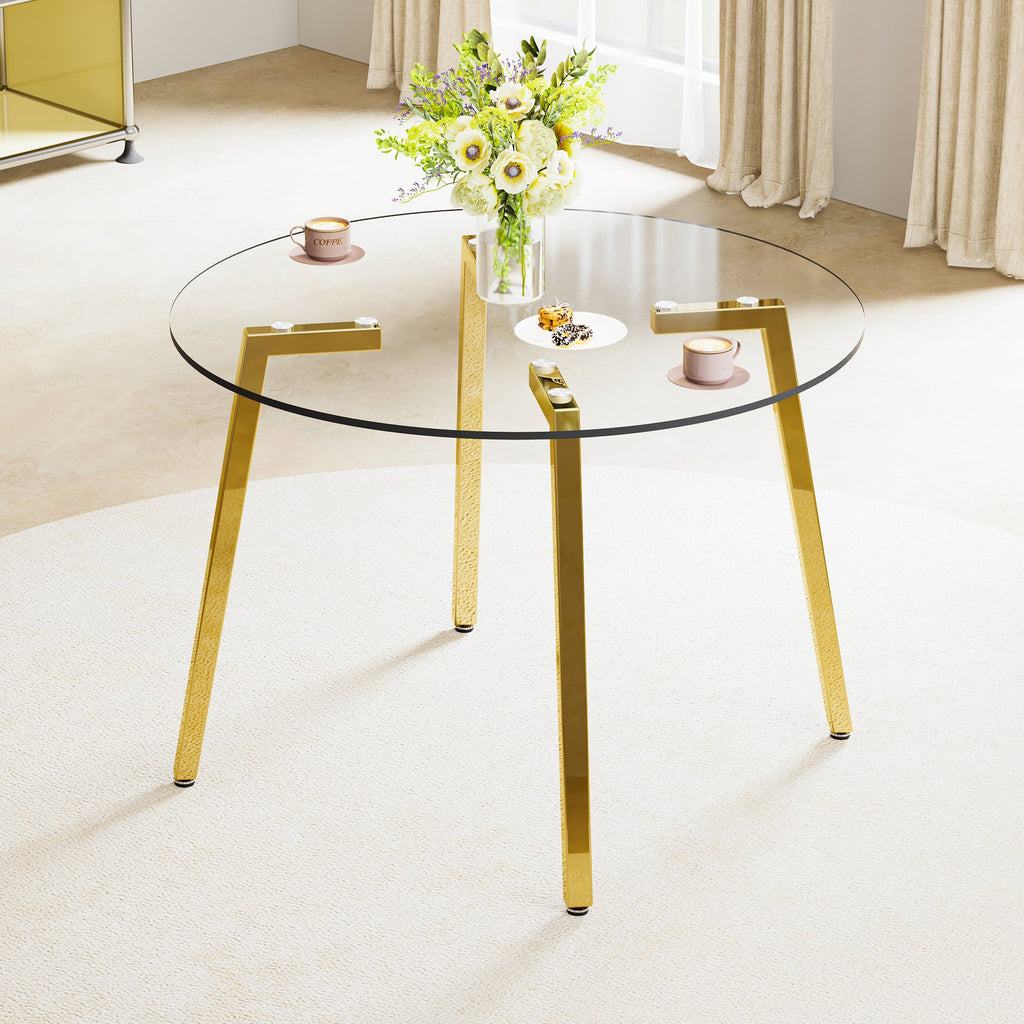 Modern minimalist style circular transparent tempered glass table, tempered glass tabletop, golden metal legs, suitable for kitchen, dining room, and living room, 42 '* 42' * 29.5 '1123r
