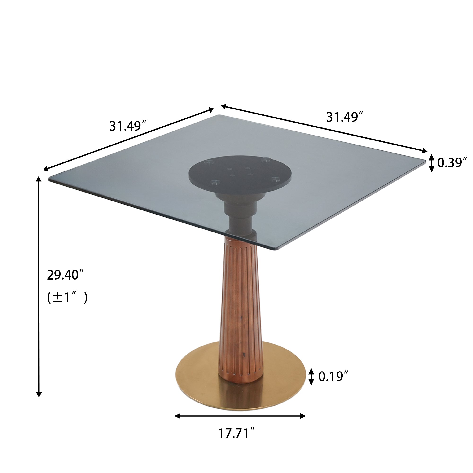 Modern Square Dining Table, 33.5' Tempered Glass Table with Wooden Leg & Gold Base, 2 - Person Kitchen Table for Small Space, 150lbs Weight Capacity(Only the Negotiation Table)