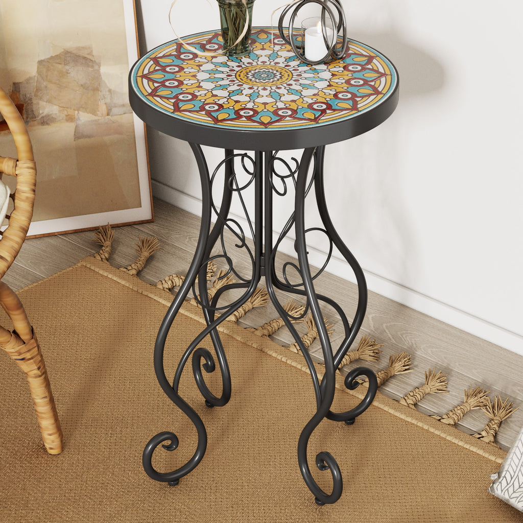 Vibrant French Country Round Ceramic Outdoor Side Table Black Ceramic Tile 14x14x22.44 inches