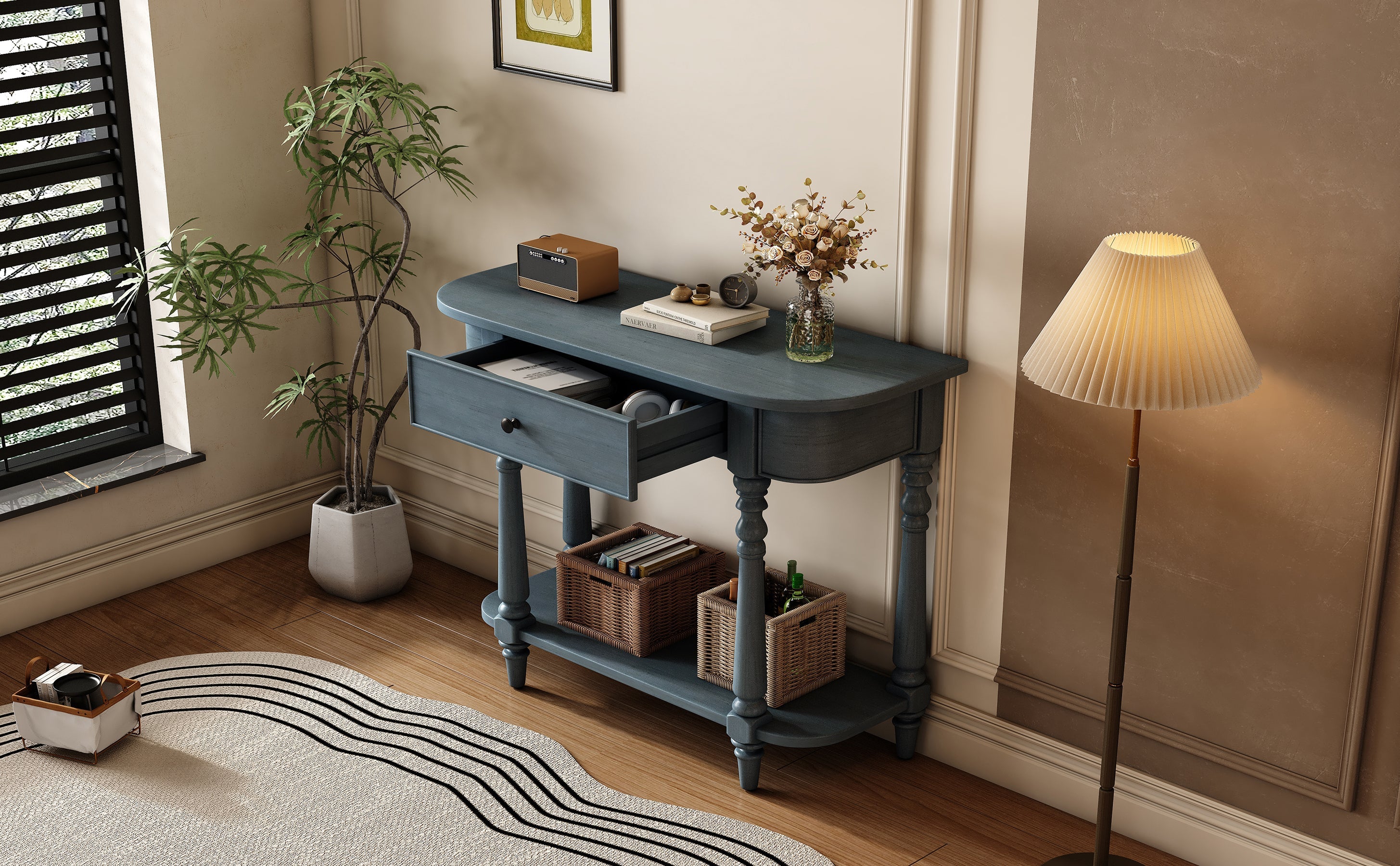TREXM Narrow Console Table with Curved Corner, Retro Entryway Table with Top Drawer and Open Shelf, Sofa Table Console Tables for Entryway, Hallway and Living Room (Navy)