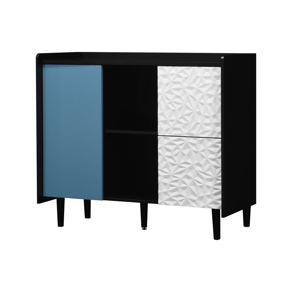 Sideboard Buffet Cabinet, Black Storage Cabinet with Red Doors , 2 Drawers with unique panel styling and 2 Open Storage Compartment, Modern Coffee Bar Cabinet Accent Cabinet for Kitchen, Dining Room,