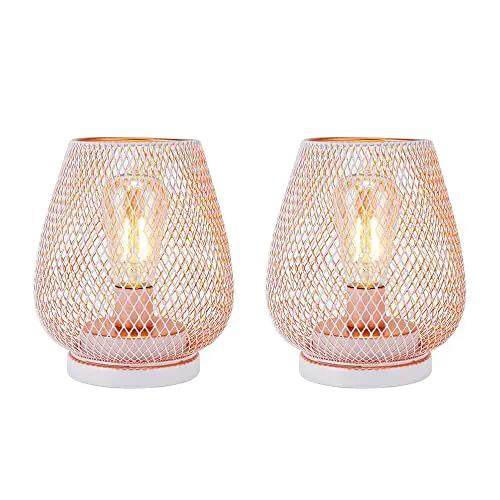 6.7in tall metal cage cordless table lamp set of 2 by JHY DESIGN, rose-gold finish with warm Edison bulbs.