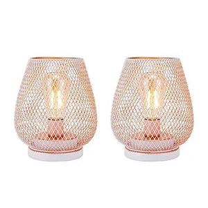 6.7in tall metal cage cordless table lamp set of 2 by JHY DESIGN, rose-gold finish with warm Edison bulbs.