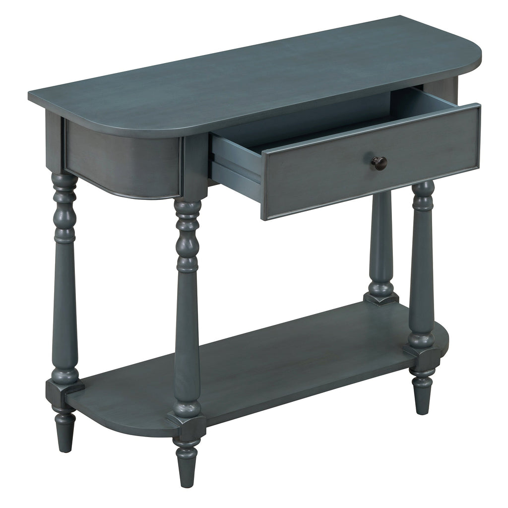 TREXM Narrow Console Table with Curved Corner, Retro Entryway Table with Top Drawer and Open Shelf, Sofa Table Console Tables for Entryway, Hallway and Living Room (Navy)