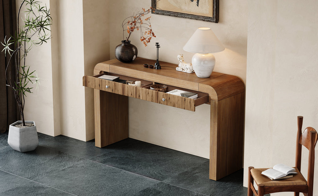 TREXM Rustic Console Table with Fluted Drawer Front, Entryway Table with Curved Corners & Thick Legs, Sturdy Sofa Table for Hallway & Living Room (Natural)