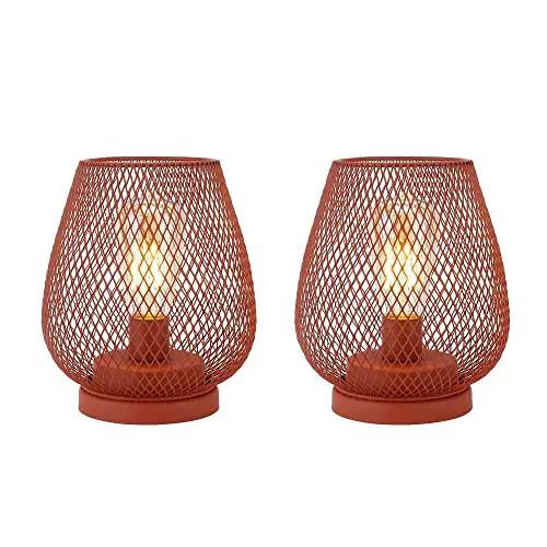 6.7-inch tall metal cage cordless table lanterns, set of 2, orange, battery-powered.