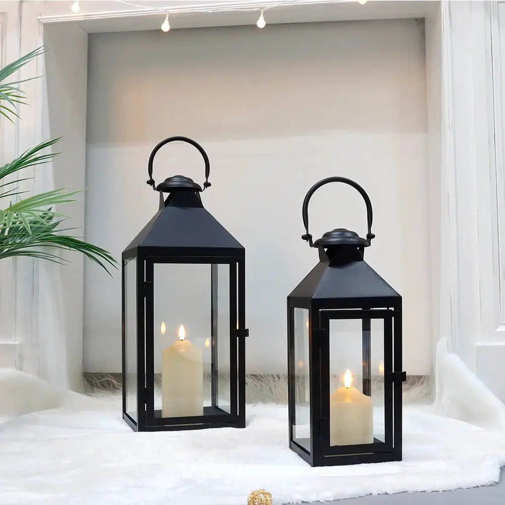 Set of 2 black metal and glass candle lanterns, 17.5in and 13.5in tall, vintage home decor by JHY DESIGN.
