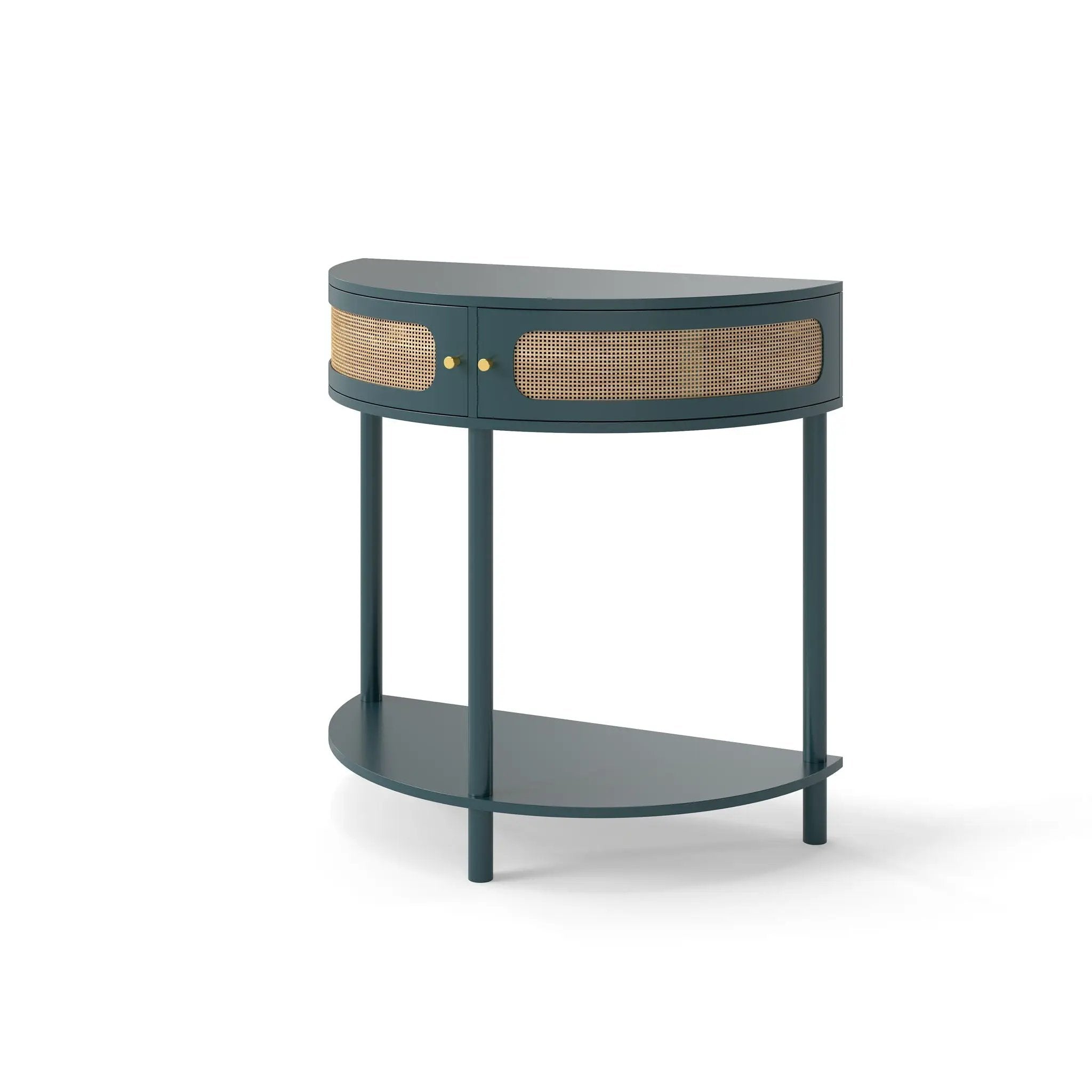 Boho Rattan Semi Circle End Table With Sliding Rattan Door, Storage And Bottom Shelf