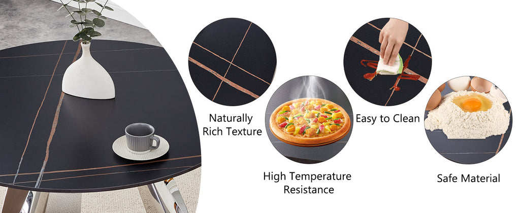 42' Luxury Sintered Stone Table: 0.45' Durable Top + 6' Steel Legs,350lb Capacity, Stain/Heat-Resistant Black Veined Surface - Modern Minimalist DesignW1512S00111