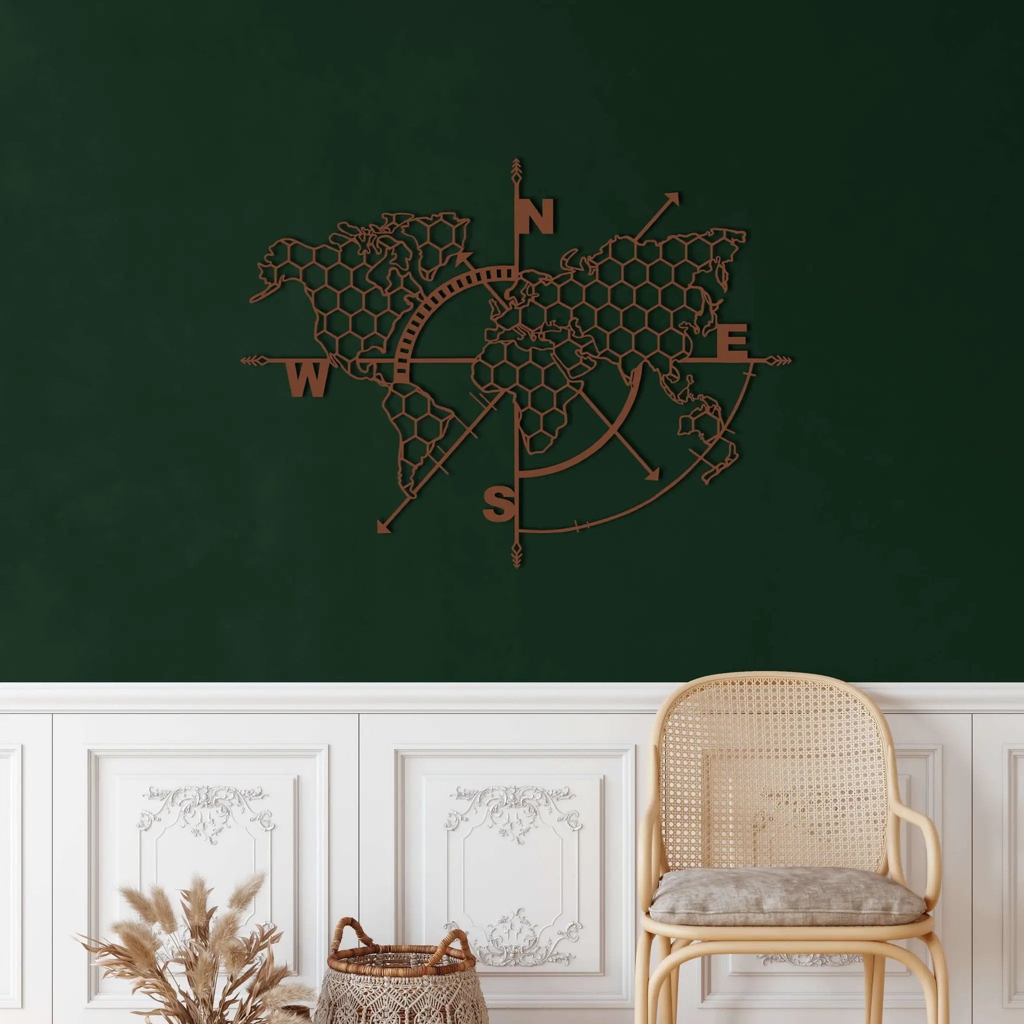 Honeycomb World Map Compass Metal Wall Art