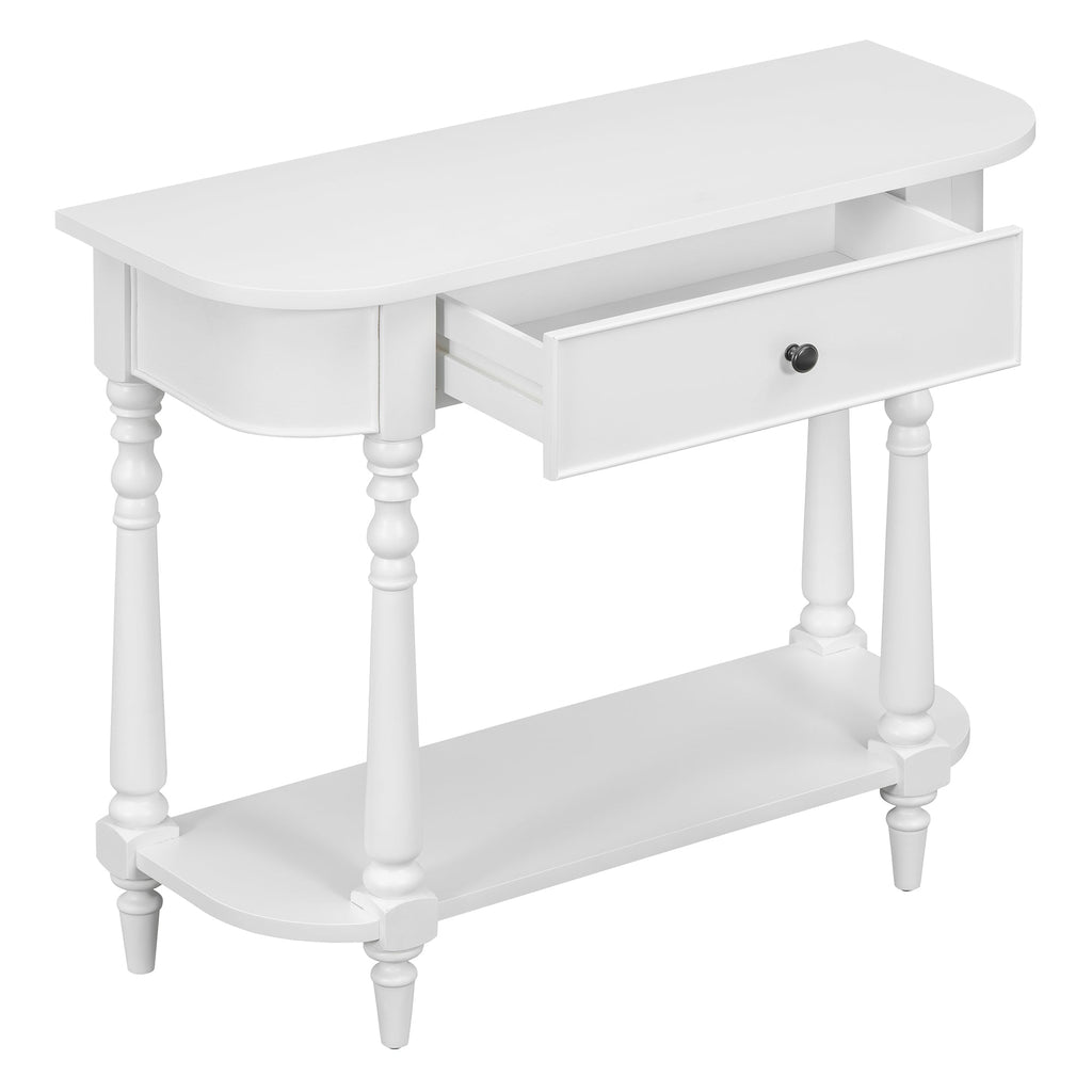 TREXM Narrow Console Table with Curved Corner, Retro Entryway Table with Top Drawer and Open Shelf, Sofa Table Console Tables for Entryway, Hallway and Living Room (White)