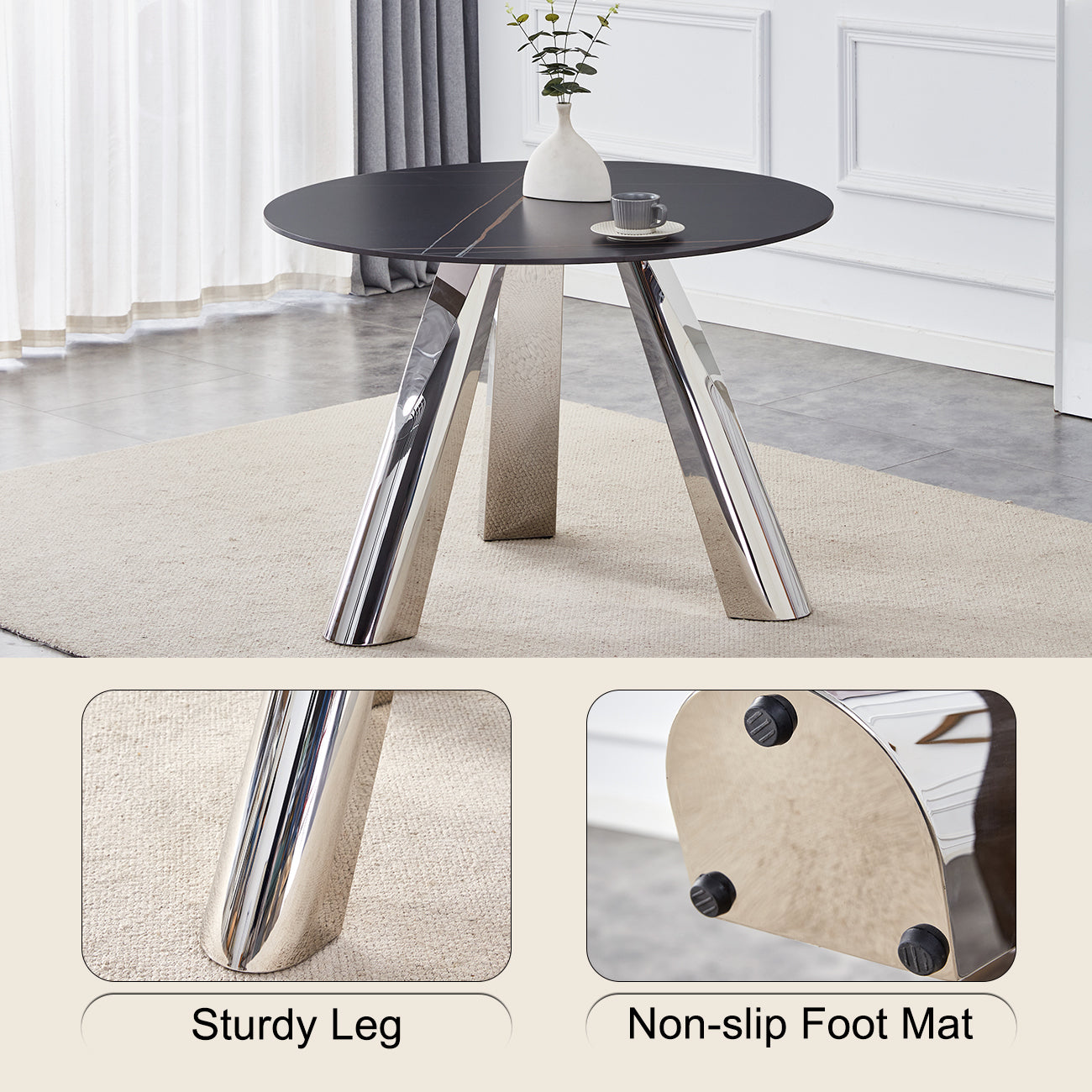 42' Luxury Sintered Stone Table: 0.45' Durable Top + 6' Steel Legs,350lb Capacity, Stain/Heat-Resistant Black Veined Surface - Modern Minimalist DesignW1512S00111