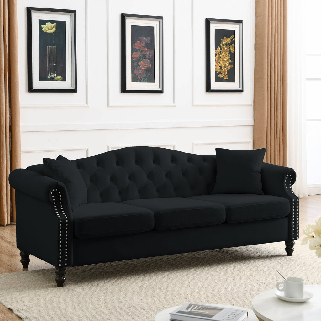 [Video] 79' Chesterfield Sofa Black Velvet for Living Room, 3 Seater Sofa Tufted Couch with Rolled Arms and Nailhead for Living Room, Bedroom, Office, Apartment, 3S+3S