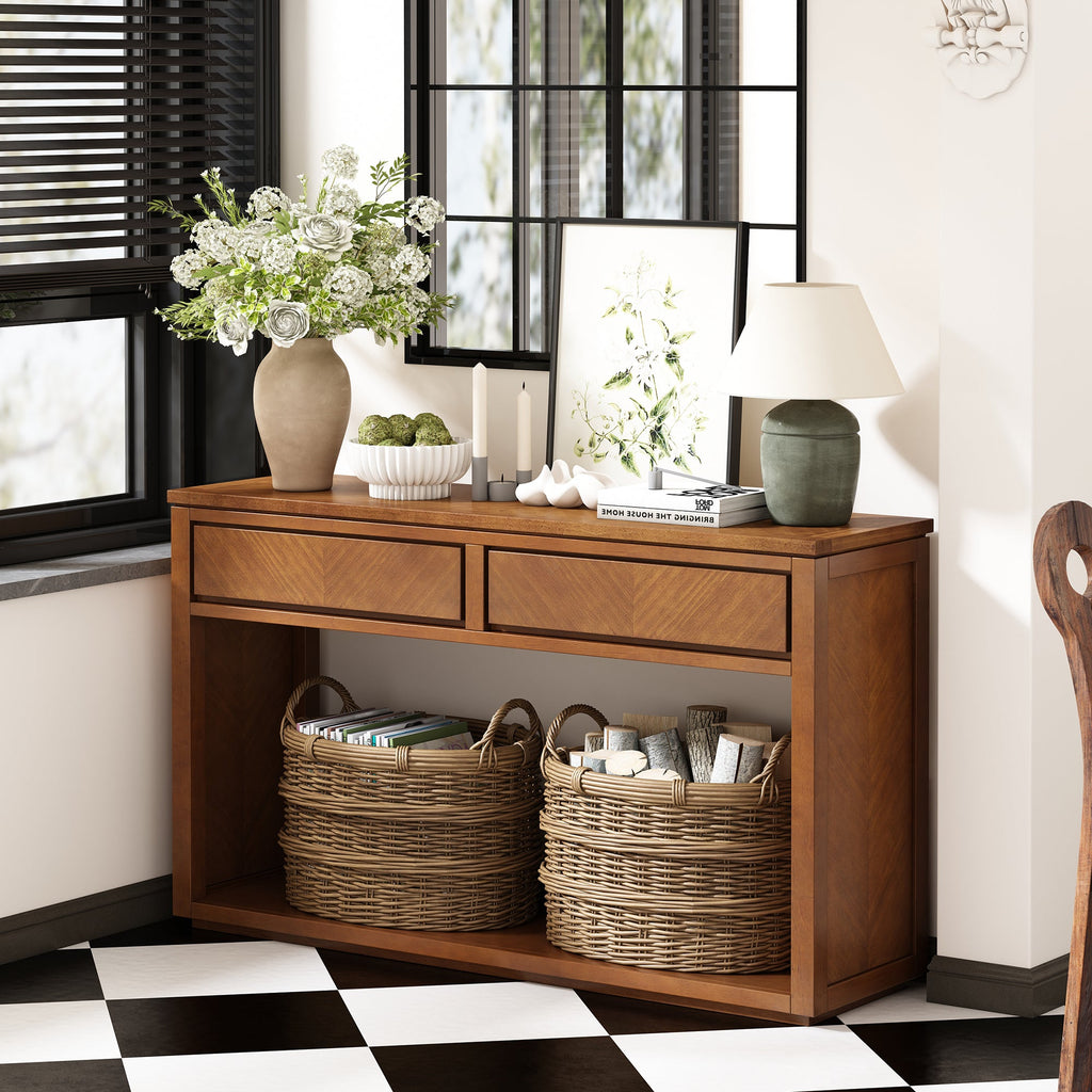 TREXM 55' Console Table, Rustic Wooden Entryway Table with Storage Drawers and Open Shelf, Elegant Sofa Table for Hallway and Living Room (Honey)