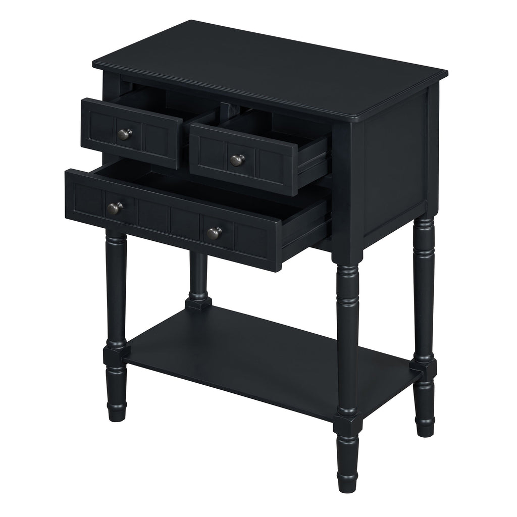TREXM Narrow Console Table, Slim Sofa Table with Three Storage Drawers and Bottom Shelf (Black)