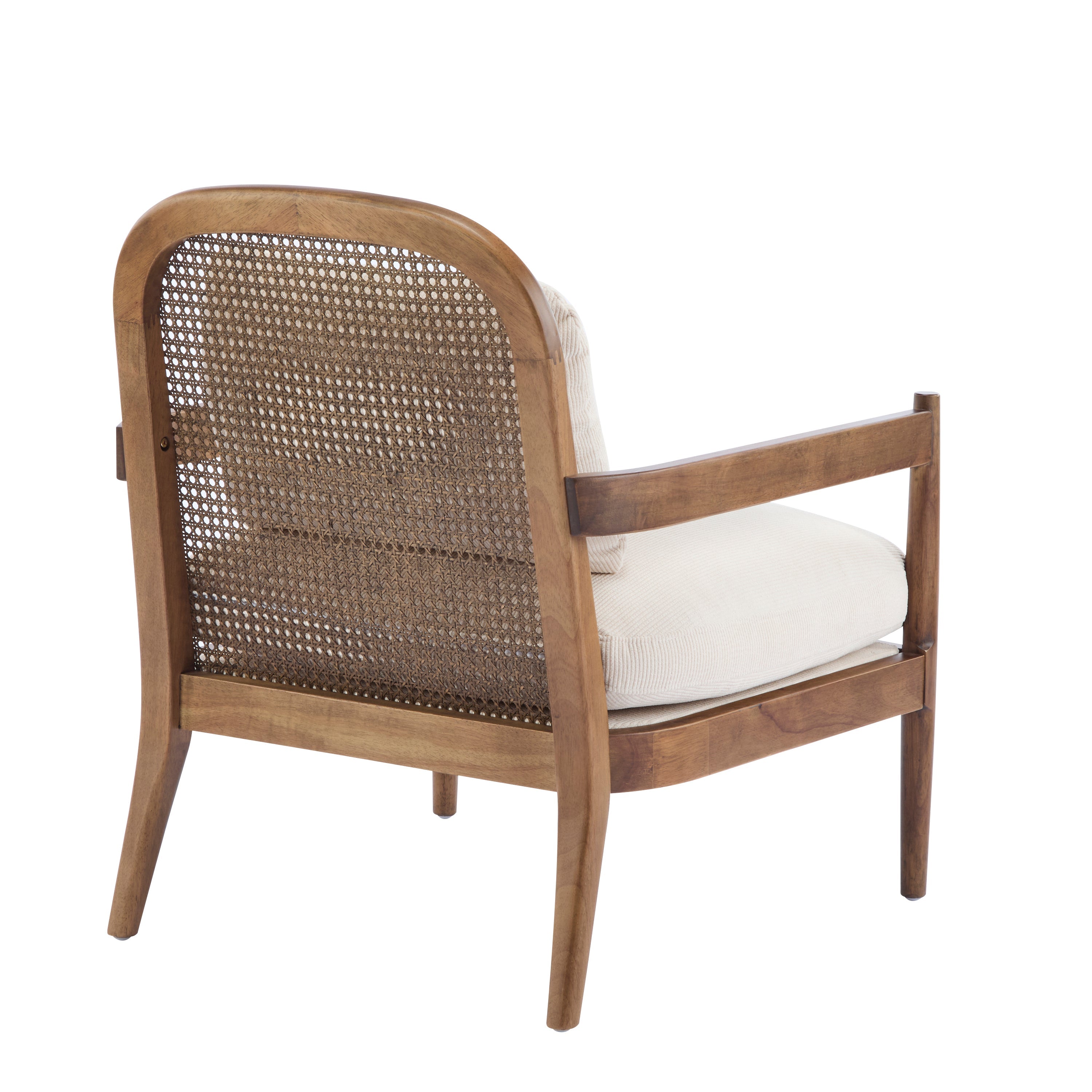 [Set of 2] 26.6' Mid-Century Modern Accent Chair with Light Brown Finish Solid Wood Frame and Rattan Backrest, Beige Cushion with Striped Fabric, Comfy Armchairs for Living Room, Bedroom, Reading Nook