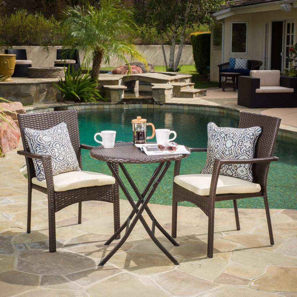 Outdoor 3-Piece Bistro Set with Water Resistant Cushions and 2 Chairs, Brown Multi