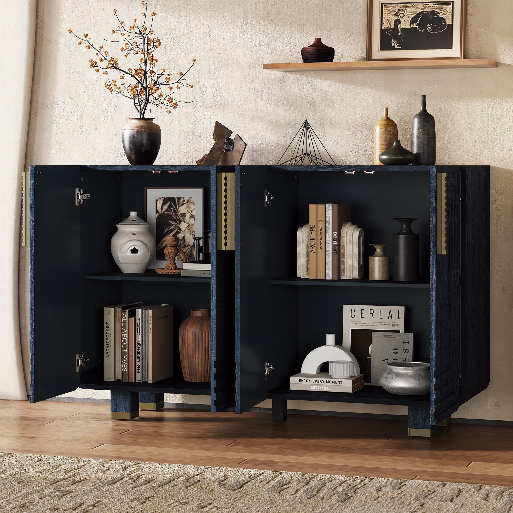 TREXM 54' Retro Buffet Cabinet with Storage, 4-Door Vintage Fluted Sideboard Cabinet with Adjustable Shelves for Dining Room, Kitchen, and Living Room (Antique Navy)